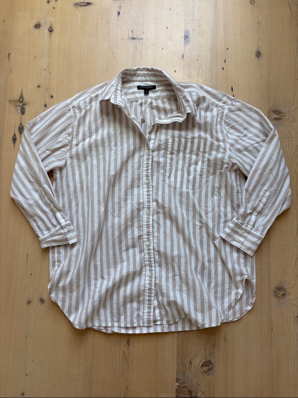 Banana Republic Tan and White Striped Casual Button-Down Shirt